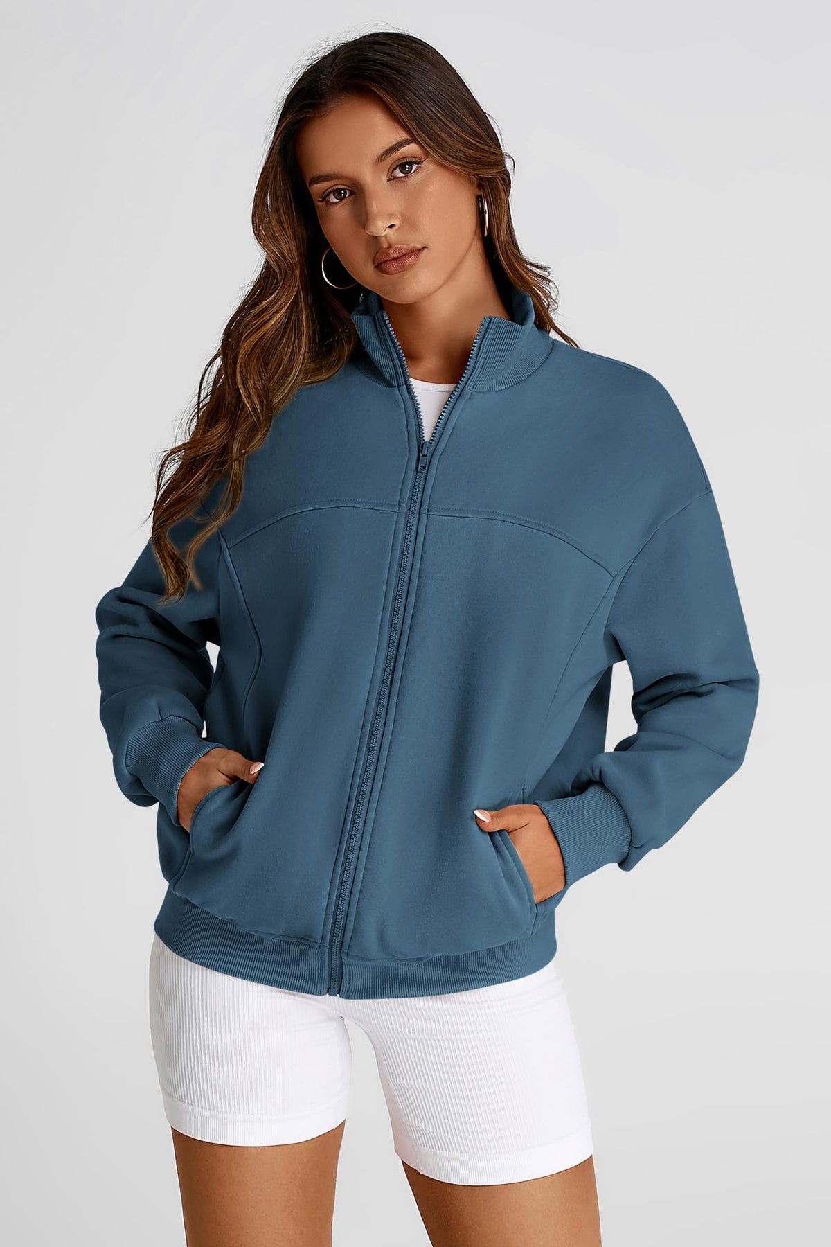 Women's 2024 Fall Fashion Full Zip Up Sweatshirt Long Sleeve Loose Fit Trendy Casual Jacket with Pockets