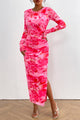 Women's Bodycon Maxi Dress Fall Fashion Long Sleeve Floral Print Tight Fitted Party Club Ruched Dresses