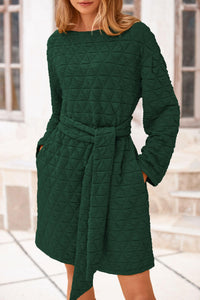 Women's Long Sleeve Dresses   Fall Casual Short Belted Dress Trendy Quilted Outfits with Pockets