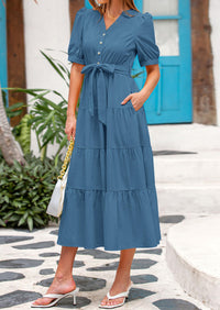 PRETTYGARDEN Women's Midi Dress Casual Short Sleeve V Neck Buttons Belted Ruffle A Line Flowy Dress with Pockets