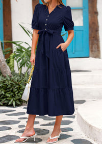 PRETTYGARDEN Women's Midi Dress Casual Short Sleeve V Neck Buttons Belted Ruffle A Line Flowy Dress with Pockets