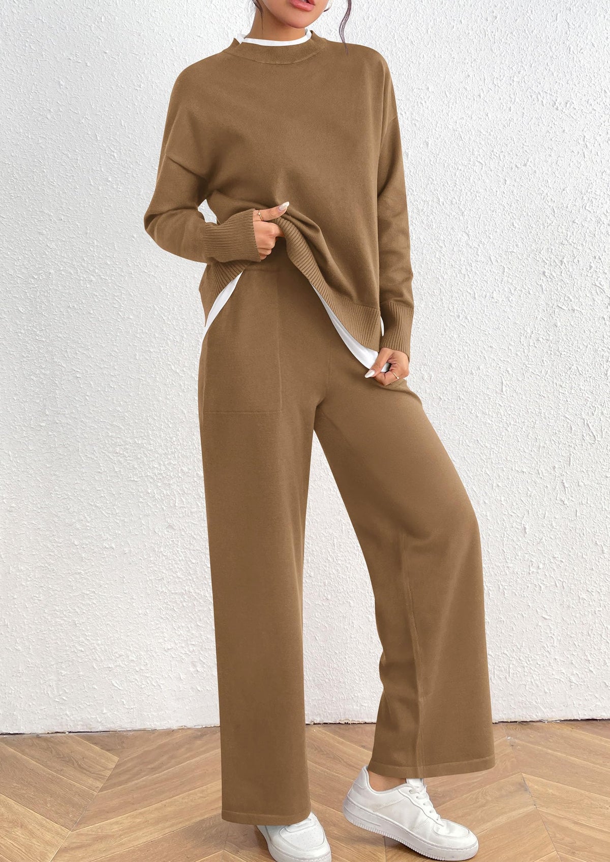 Fall 2 Piece Lounge Sets Long Sleeve Pullover Sweater Wide Leg Pants Matching Outfits Tracksuits