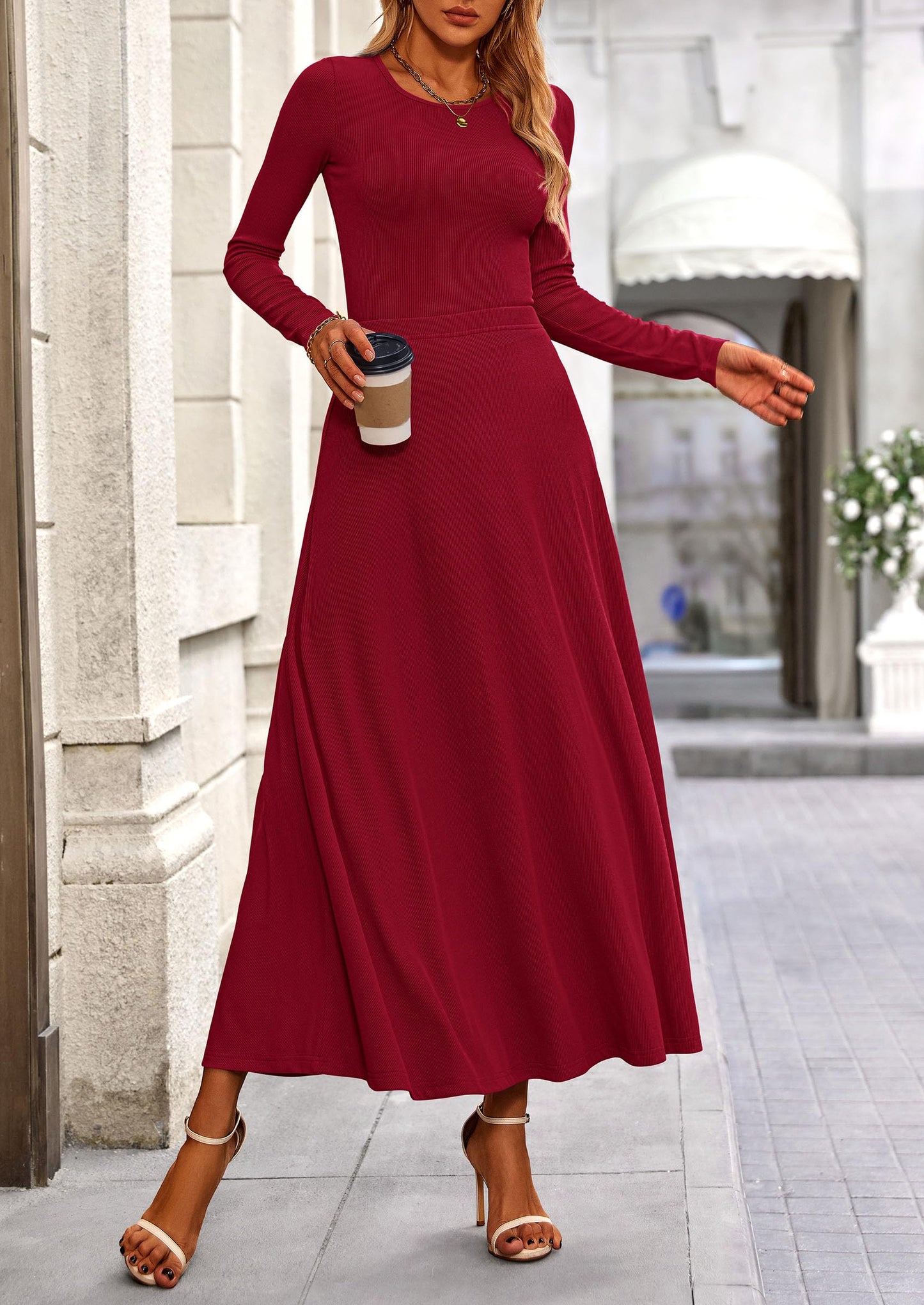 Women's 2 Piece Outfits Dressy Casual Ribbed Knit Long Sleeve Crop Tops Maxi Flowy Skirts Matching Sets