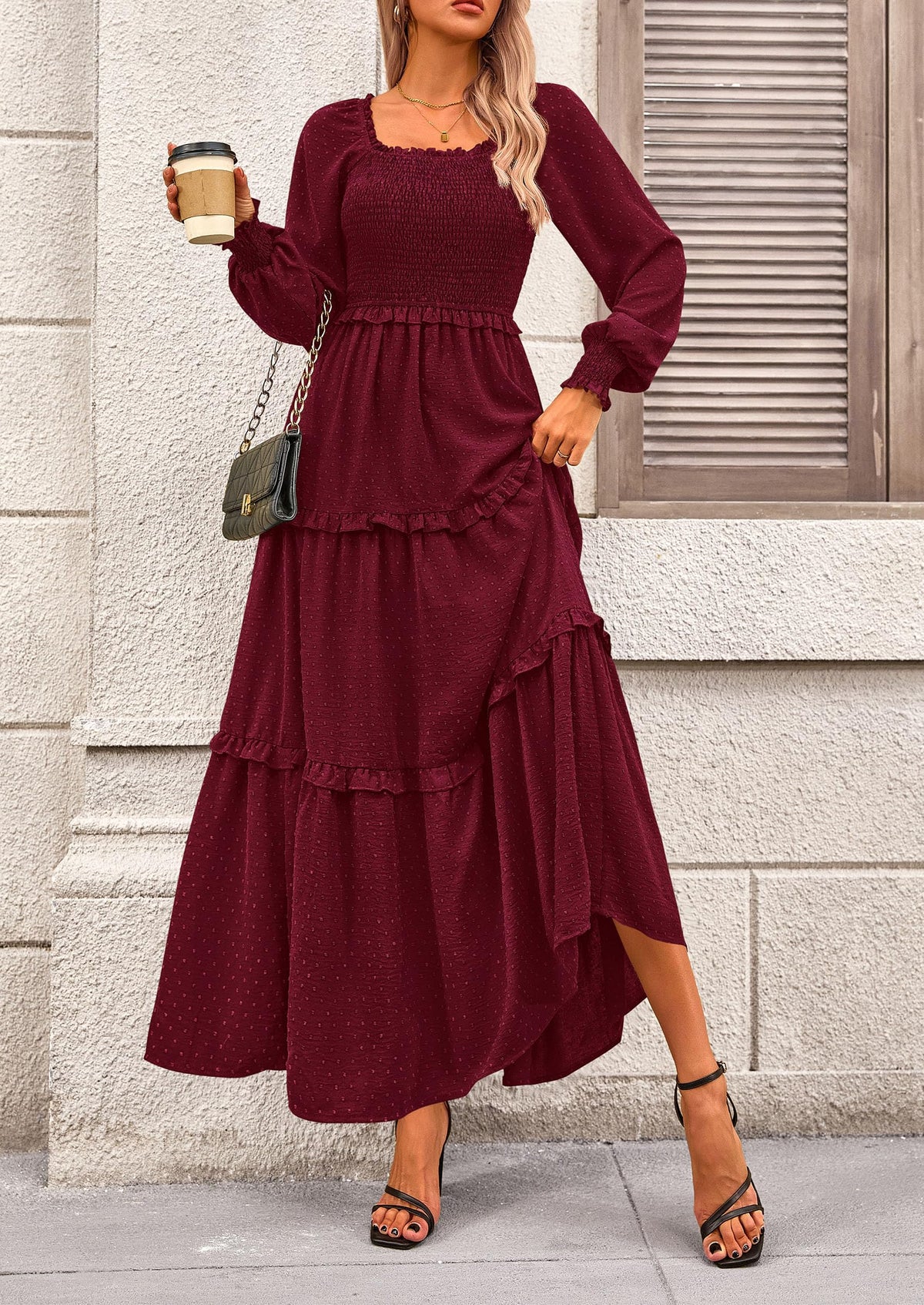 Women's Long Sleeve Smocked Maxi Dress Casual Square Neck Swiss Dot Tiered Ruffle Flowy Pocket Dresses