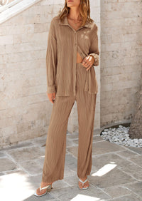 Women's Fall 2 Piece Textured Sets Casual Button Down Shirt Wide Leg Pants Outfit Loungewear Tracksuit