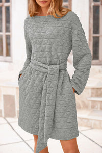 Women's Long Sleeve Dresses   Fall Casual Short Belted Dress Trendy Quilted Outfits with Pockets