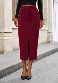 Women's Fall Midi Pencil Skirts Dressy Casual Work Office High Waisted Long Slit Corduroy Skirt