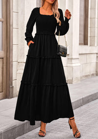 Women's Long Sleeve Smocked Maxi Dress Casual Square Neck Swiss Dot Tiered Ruffle Flowy Pocket Dresses