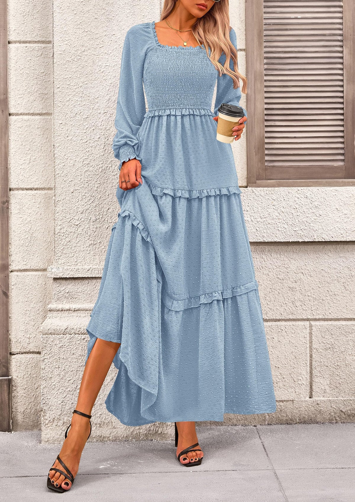 Women's Long Sleeve Smocked Maxi Dress Casual Square Neck Swiss Dot Tiered Ruffle Flowy Pocket Dresses