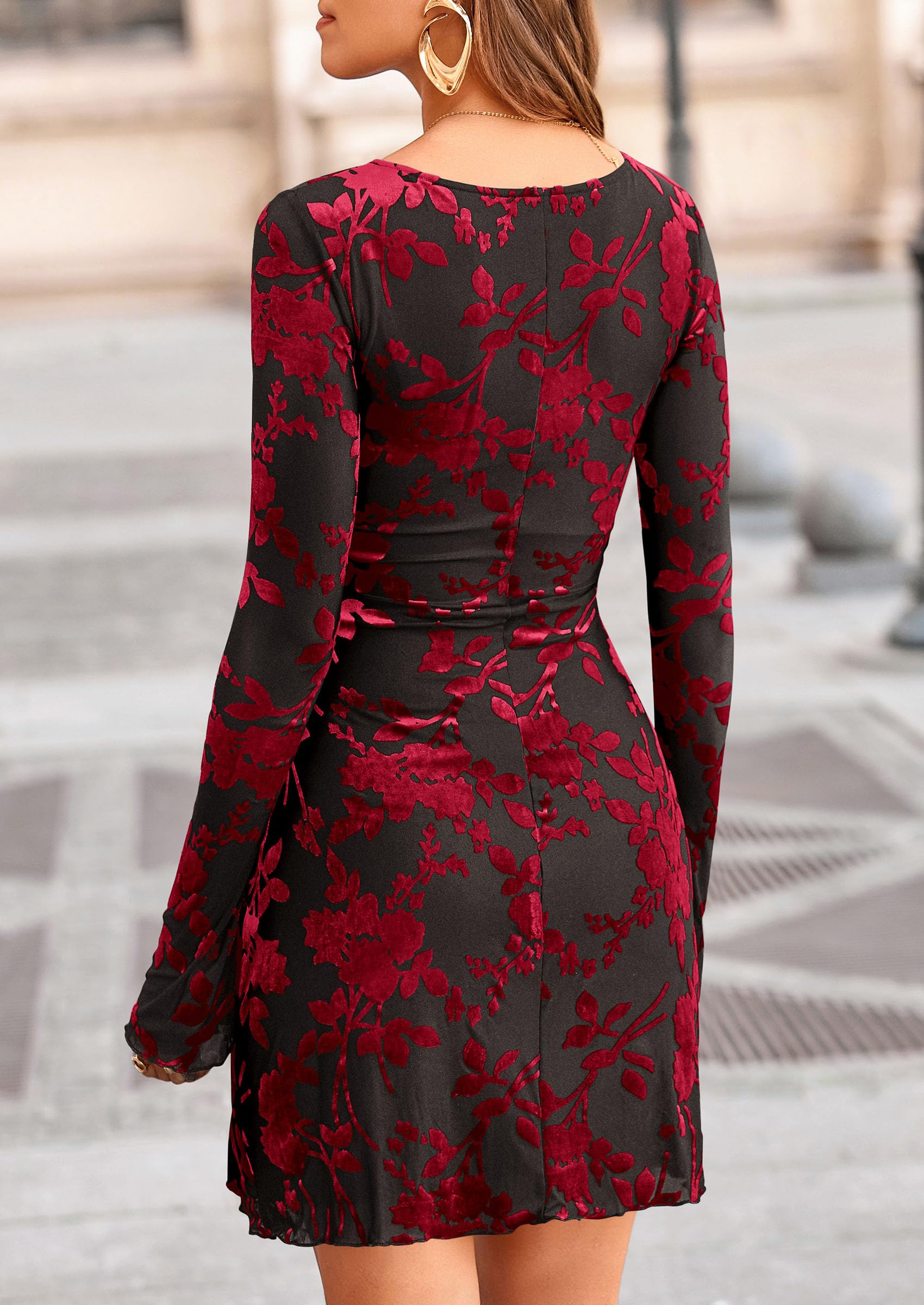 PRETTYGARDEN Women's Fall Fashion Floral Long Sleeve Mini Dress Mesh Bodycon Short Party Date Night Going Out Dresses