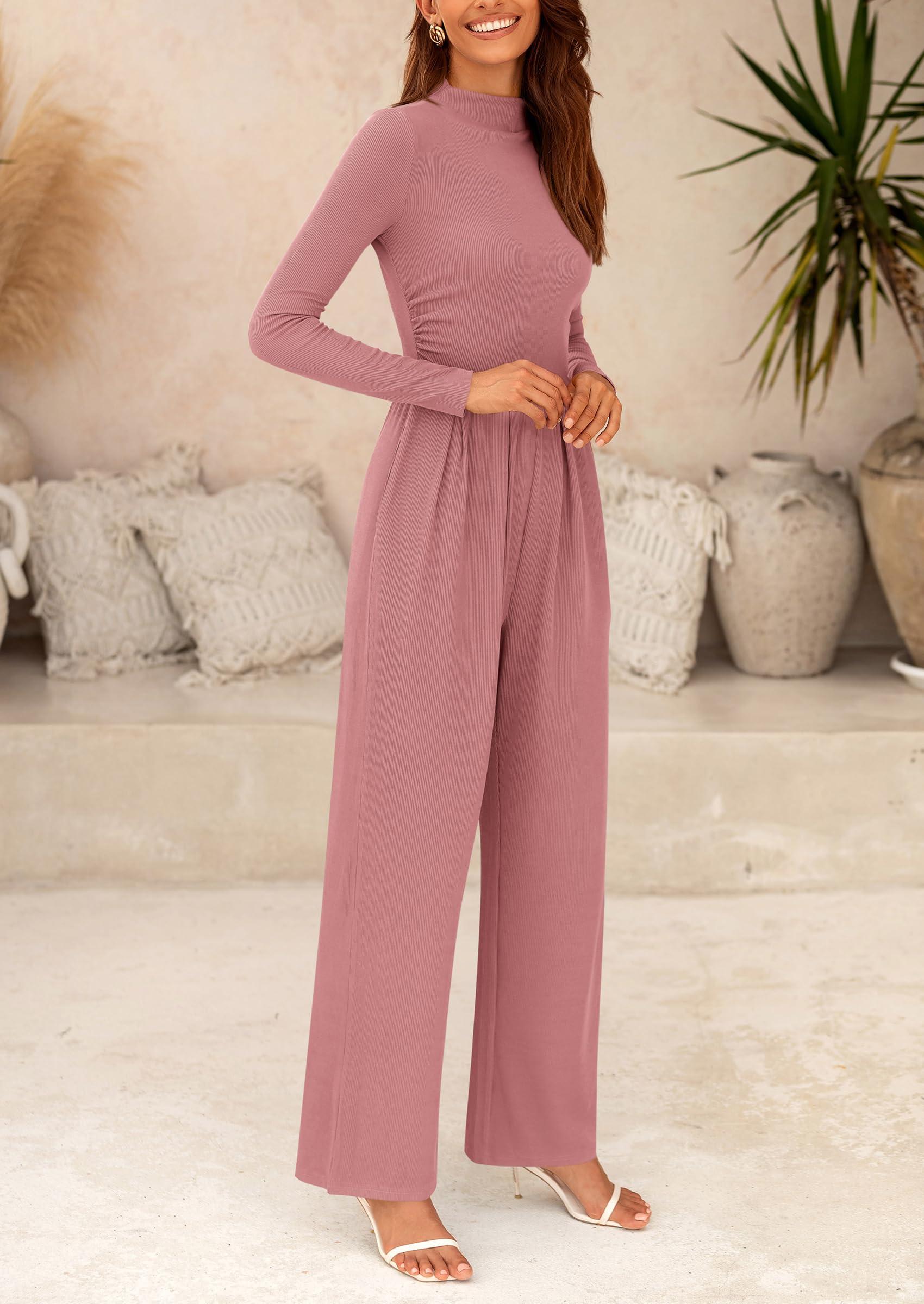 PRETTYGARDEN Dressy Casual Fashion Outfits Long Sleeve Mock Neck Wide Leg Pants Rompers