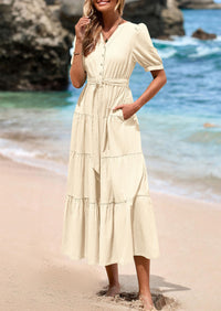 PRETTYGARDEN Women's Midi Dress Casual Short Sleeve V Neck Buttons Belted Ruffle A Line Flowy Dress with Pockets