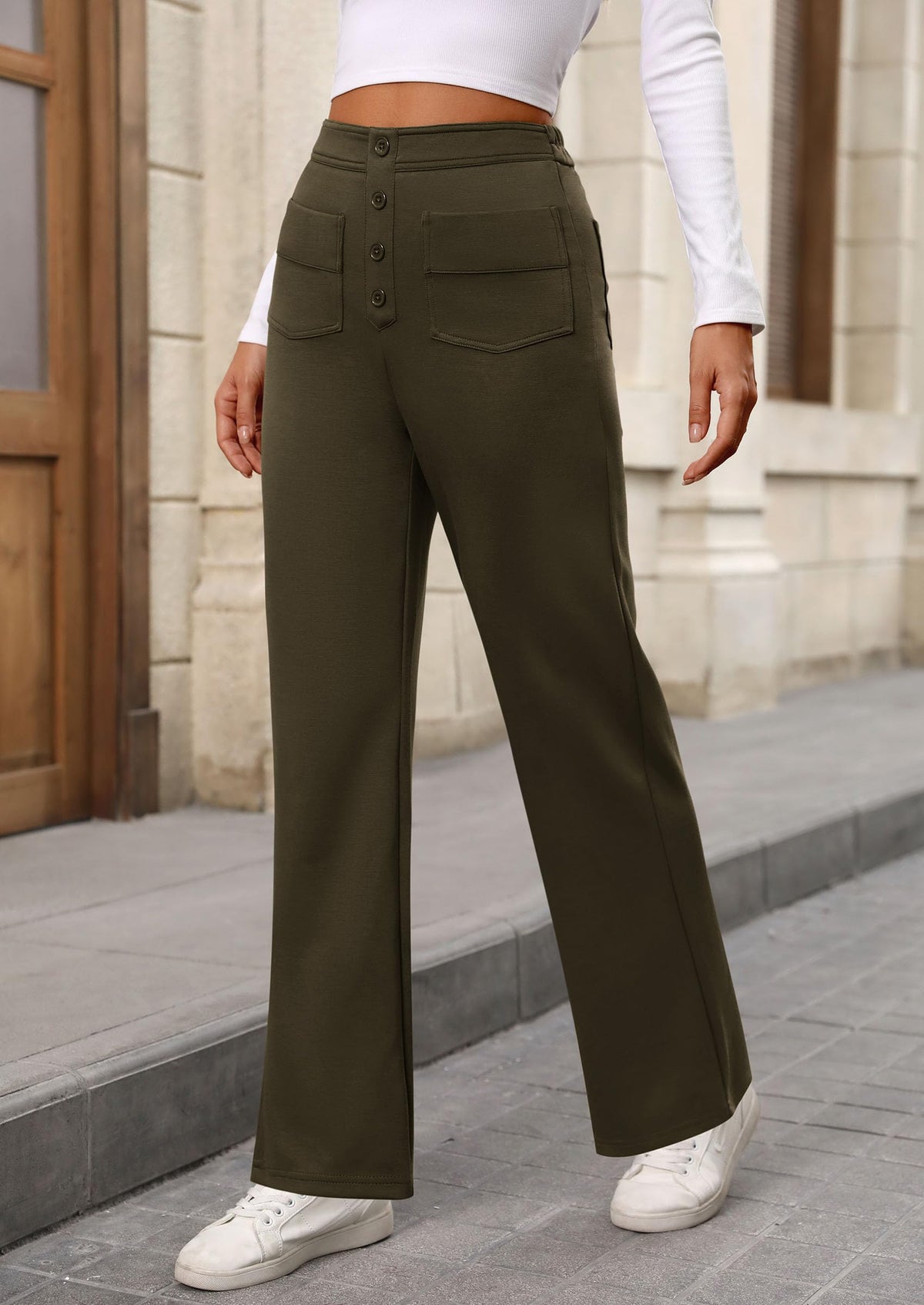 Women's Dressy Casual Dress Pants Straight Leg High Elastic Waisted Stretch Trouser Slacks