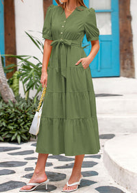 PRETTYGARDEN Women's Midi Dress Casual Short Sleeve V Neck Buttons Belted Ruffle A Line Flowy Dress with Pockets