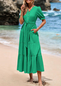 PRETTYGARDEN Women's Midi Dress Casual Short Sleeve V Neck Buttons Belted Ruffle A Line Flowy Dress with Pockets