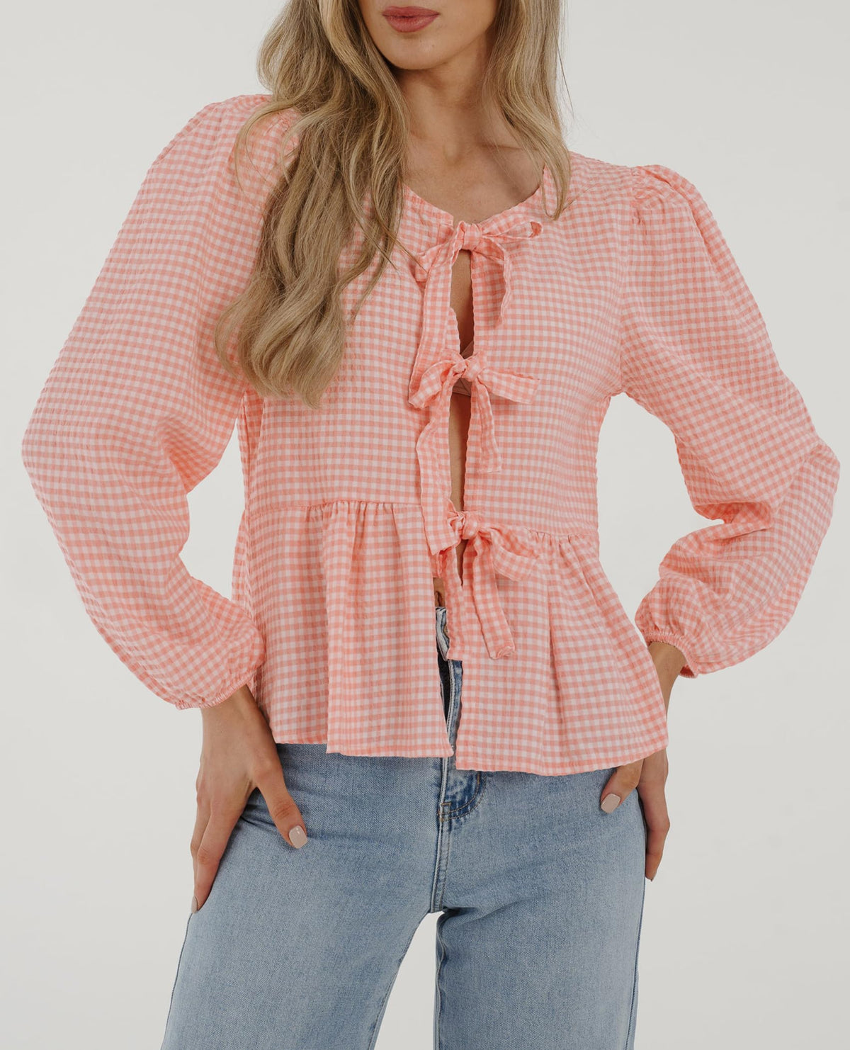 Babydoll Peplum Blouse Shirt Puff Long Sleeve Bow Tie Front Trendy Cute Y2K Going Out Tops