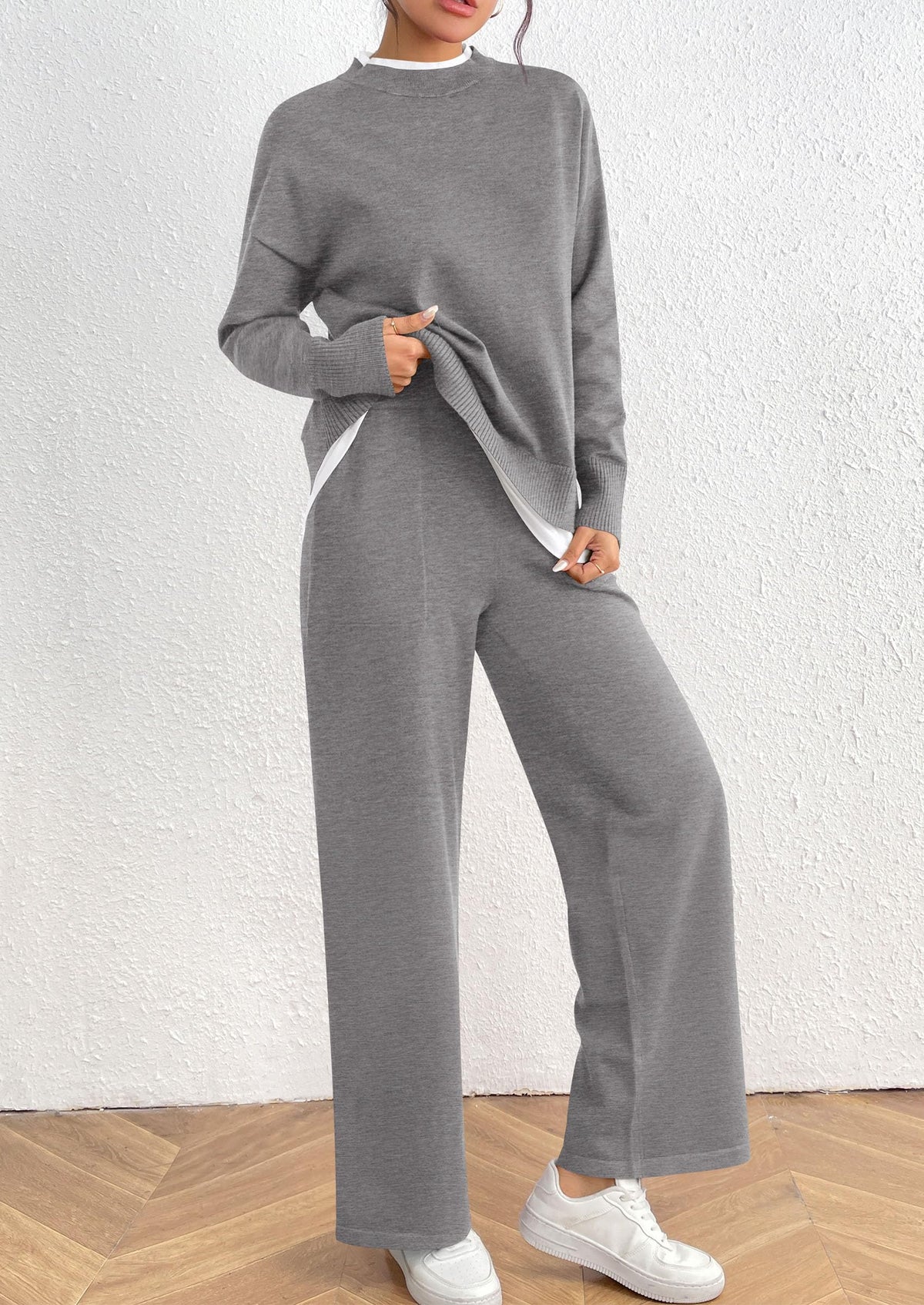 Fall 2 Piece Lounge Sets Long Sleeve Pullover Sweater Wide Leg Pants Matching Outfits Tracksuits