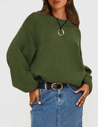 Women's 2024 Fall Chunky Knit Sweater Casual Long Lantern Sleeve Crewneck Pullover Jumper Tops