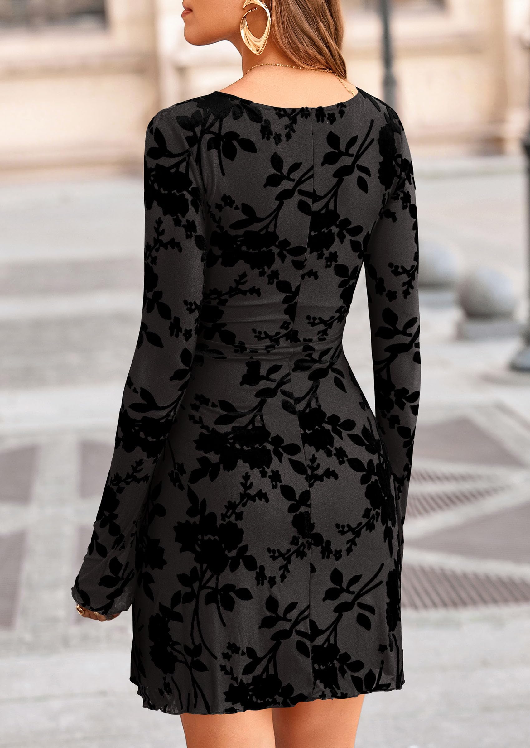 PRETTYGARDEN Women's Fall Fashion Floral Long Sleeve Mini Dress Mesh Bodycon Short Party Date Night Going Out Dresses