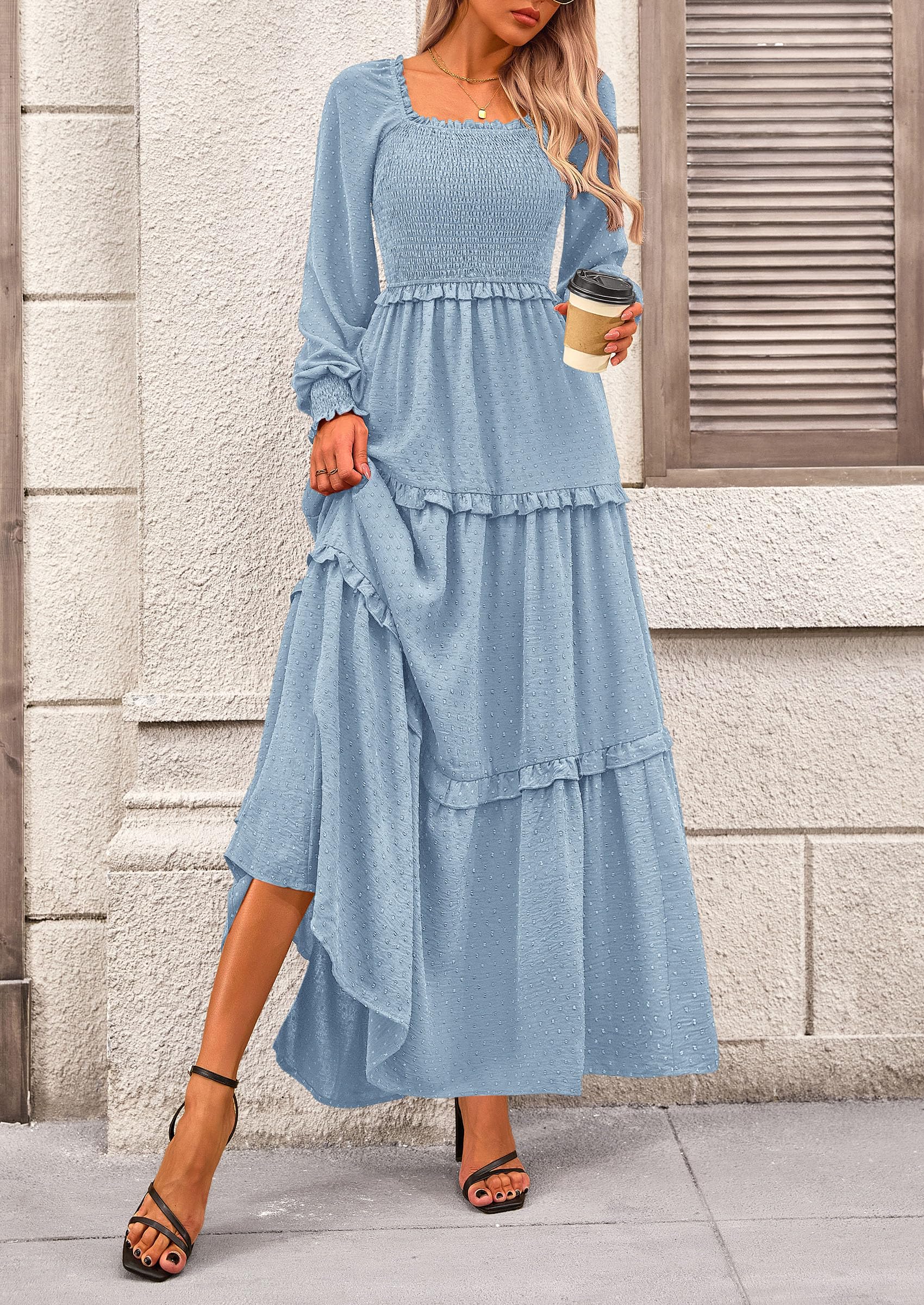 PRETTYGARDEN Women Fall Long Sleeve Smocked Maxi Dress Casual Square Neck Swiss Dot Tiered Ruffle Flowy Spring Pocket Dresses