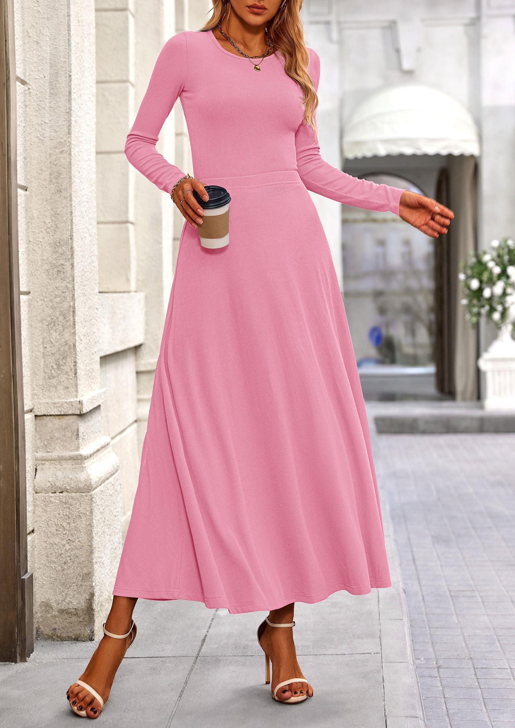 PRETTYGARDEN 2 Piece Casual Ribbed Knit Long Sleeve Crop Tops Maxi Flowy Skirts Matching Sets