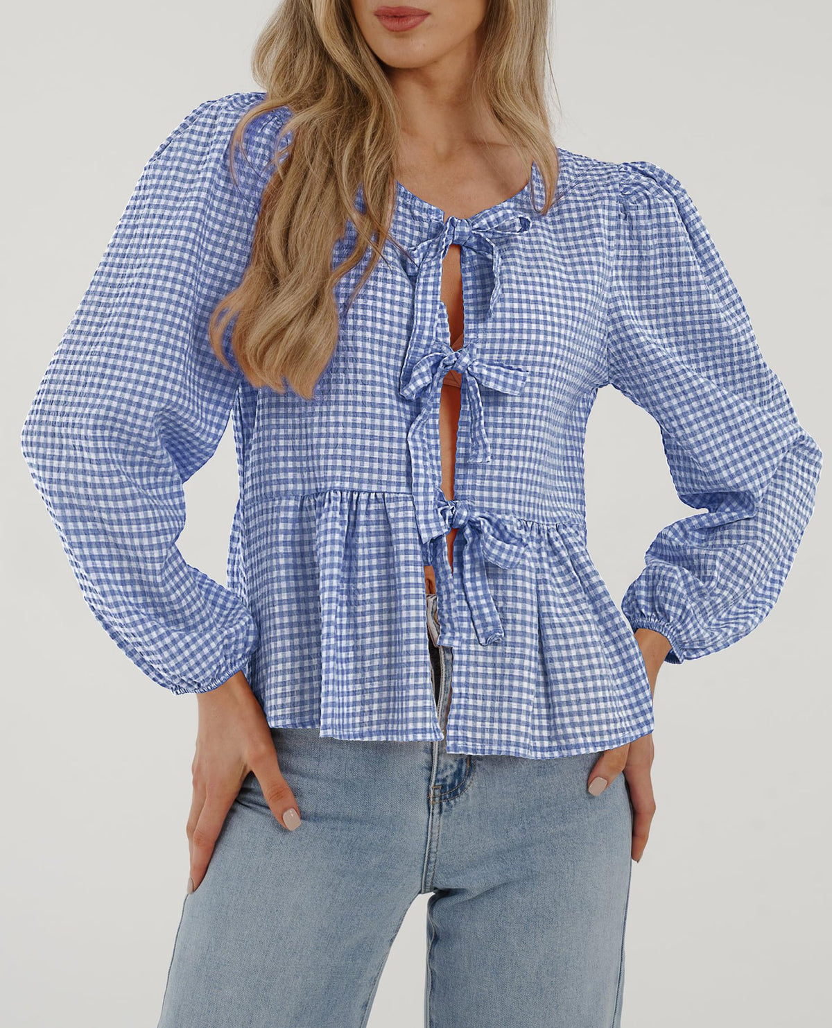 Babydoll Peplum Blouse Shirt Puff Long Sleeve Bow Tie Front Trendy Cute Y2K Going Out Tops