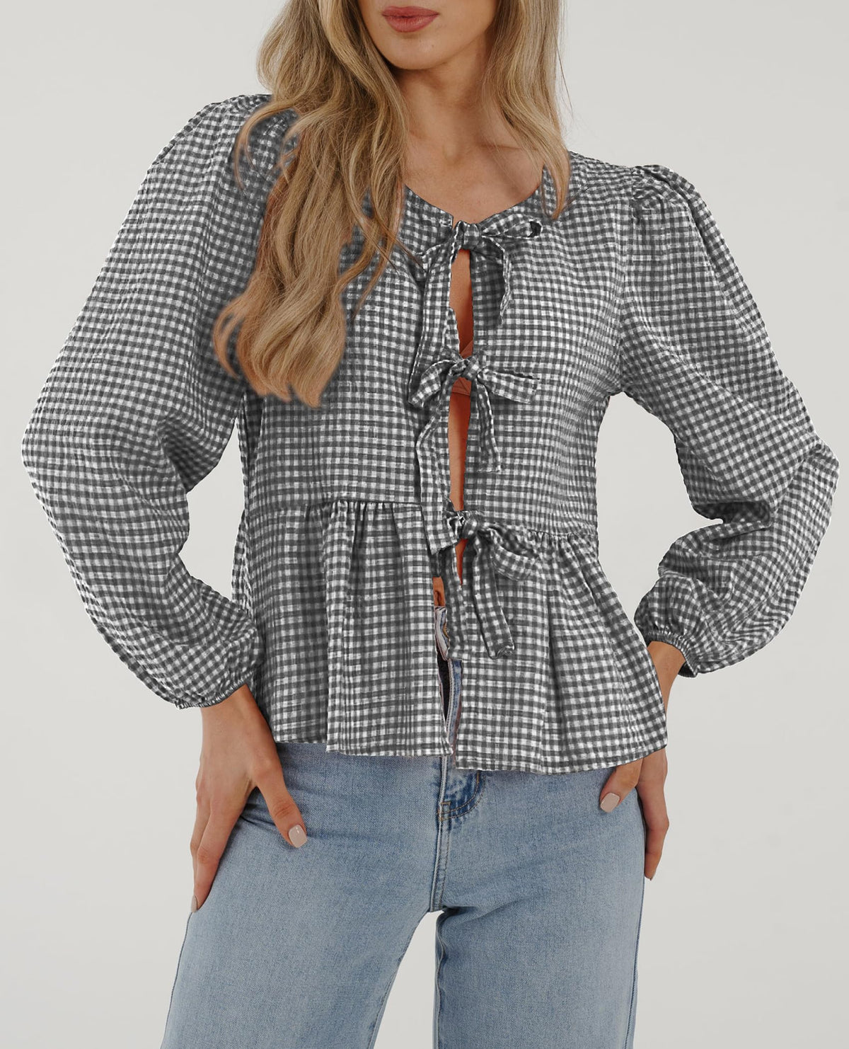 Babydoll Peplum Blouse Shirt Puff Long Sleeve Bow Tie Front Trendy Cute Y2K Going Out Tops