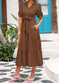 PRETTYGARDEN Women's Midi Dress Casual Short Sleeve V Neck Buttons Belted Ruffle A Line Flowy Dress with Pockets