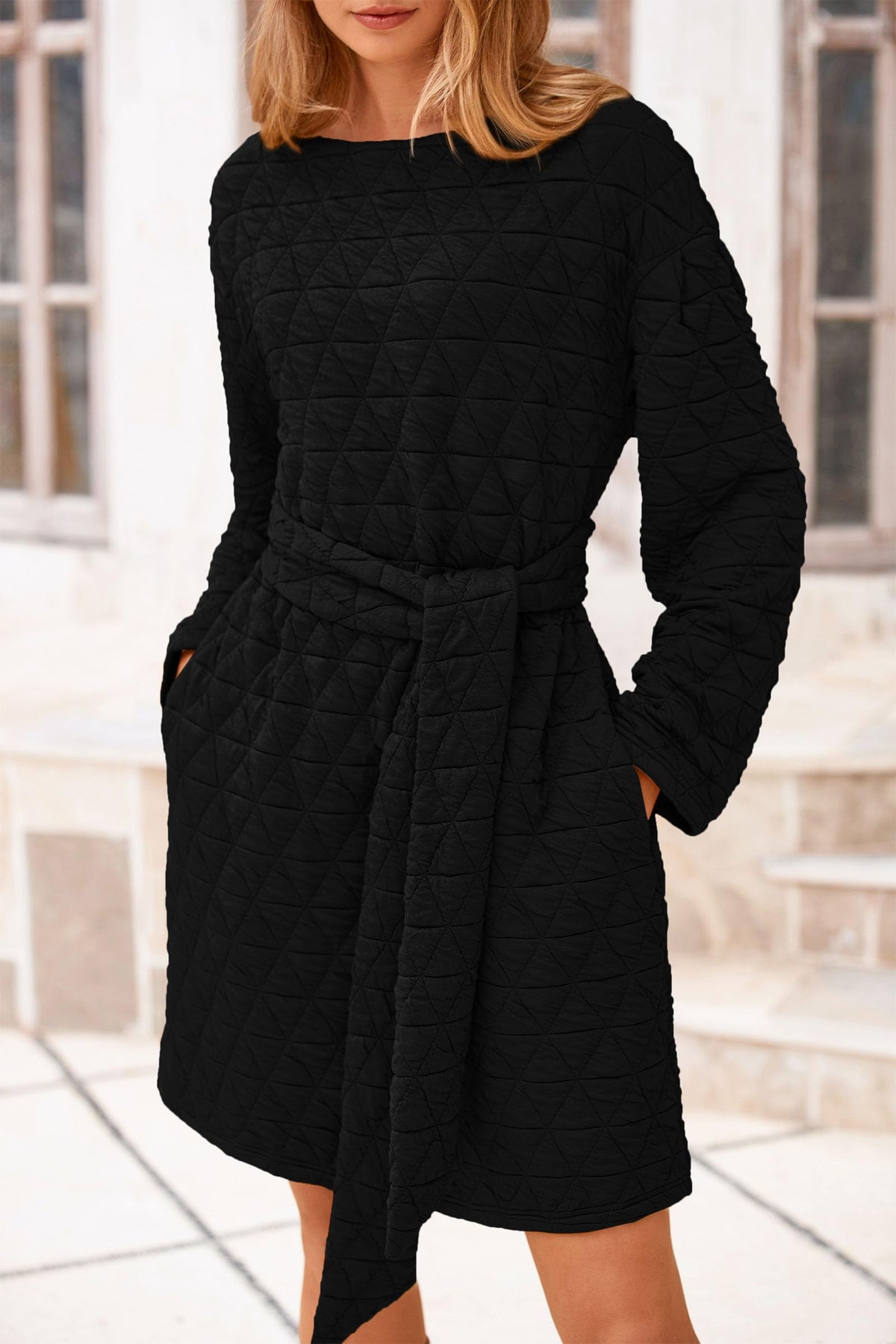 Women's Long Sleeve Dresses   Fall Casual Short Belted Dress Trendy Quilted Outfits with Pockets