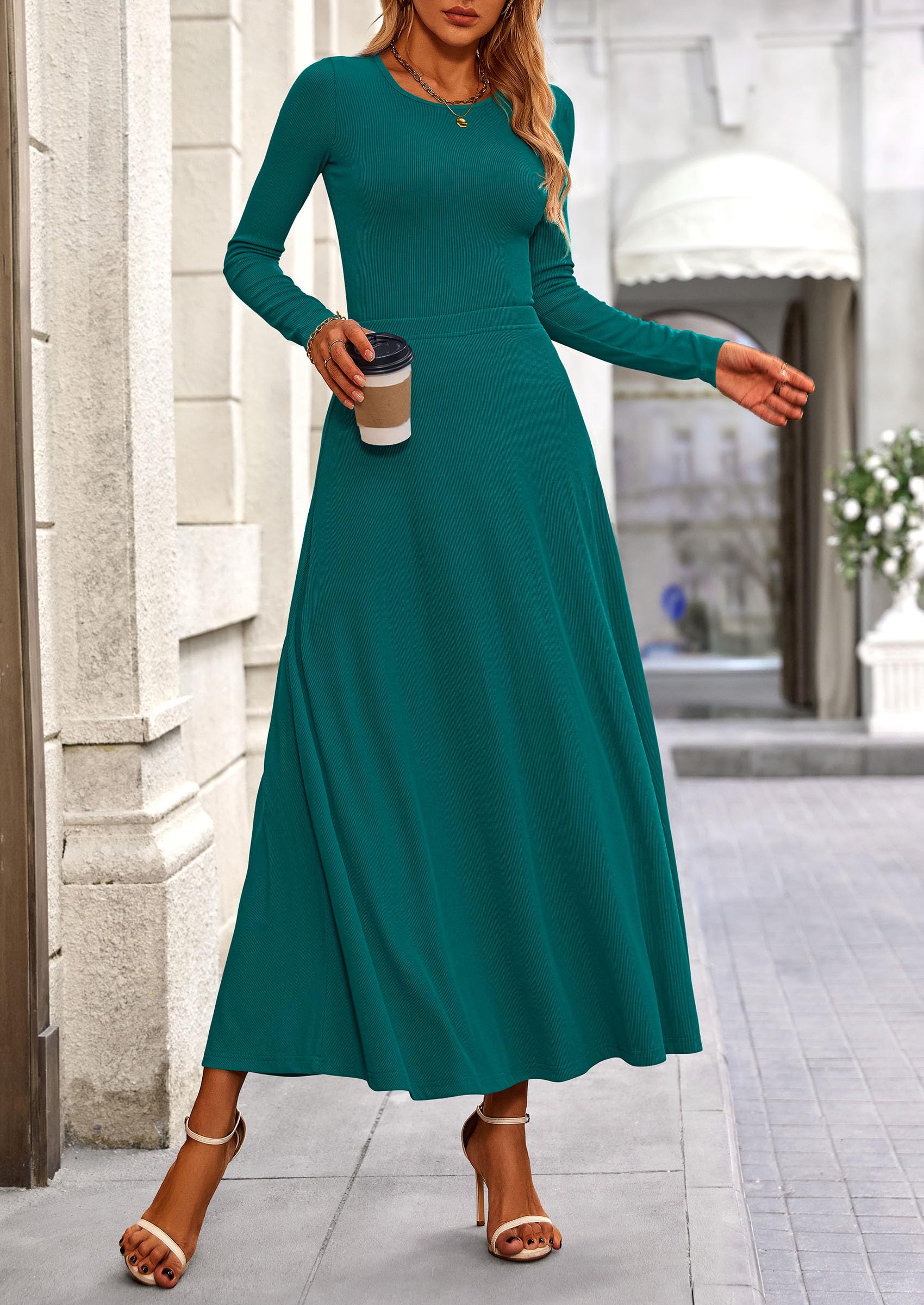 PRETTYGARDEN 2 Piece Casual Ribbed Knit Long Sleeve Crop Tops Maxi Flowy Skirts Matching Sets