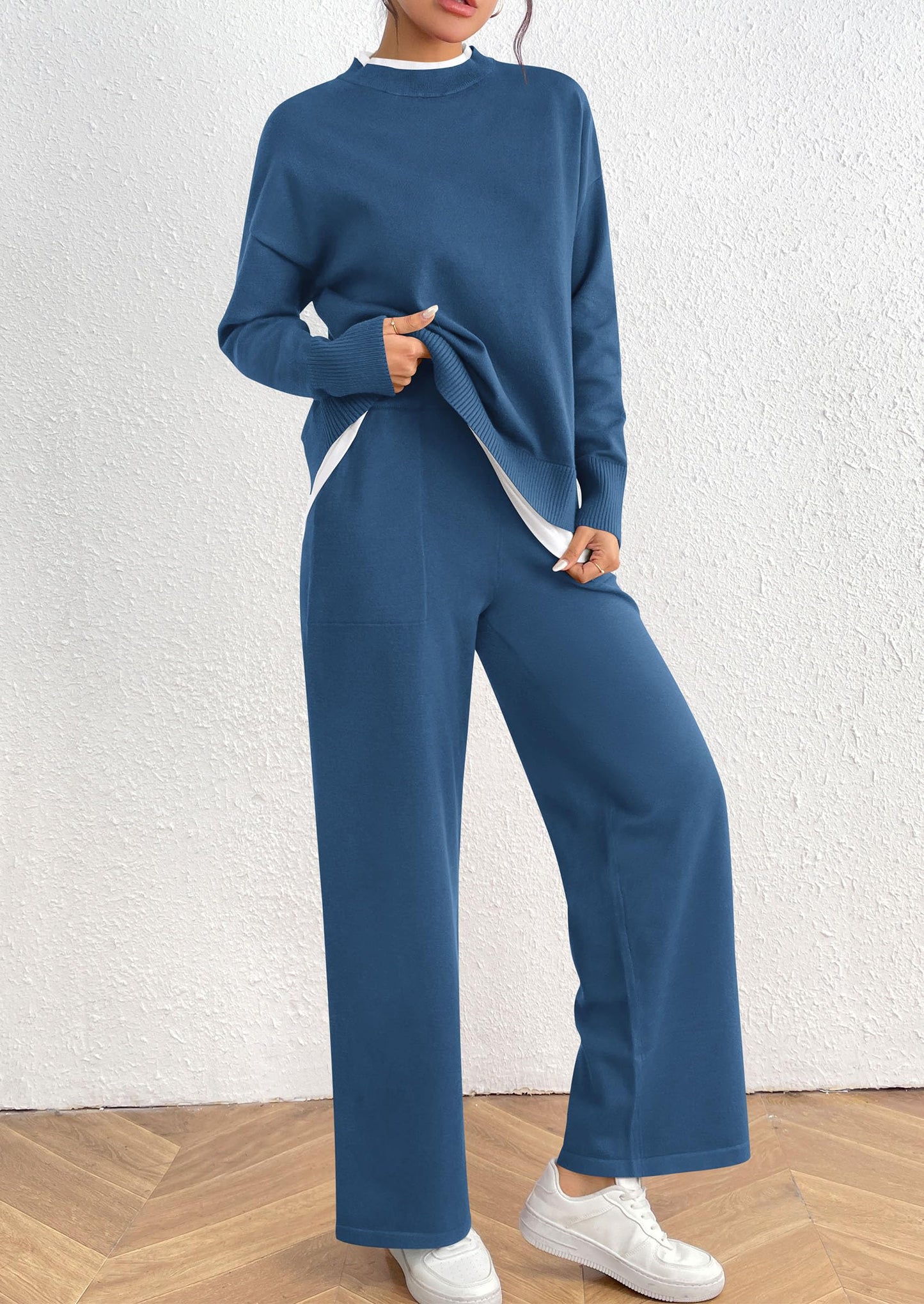 Fall 2 Piece Lounge Sets Long Sleeve Pullover Sweater Wide Leg Pants Matching Outfits Tracksuits