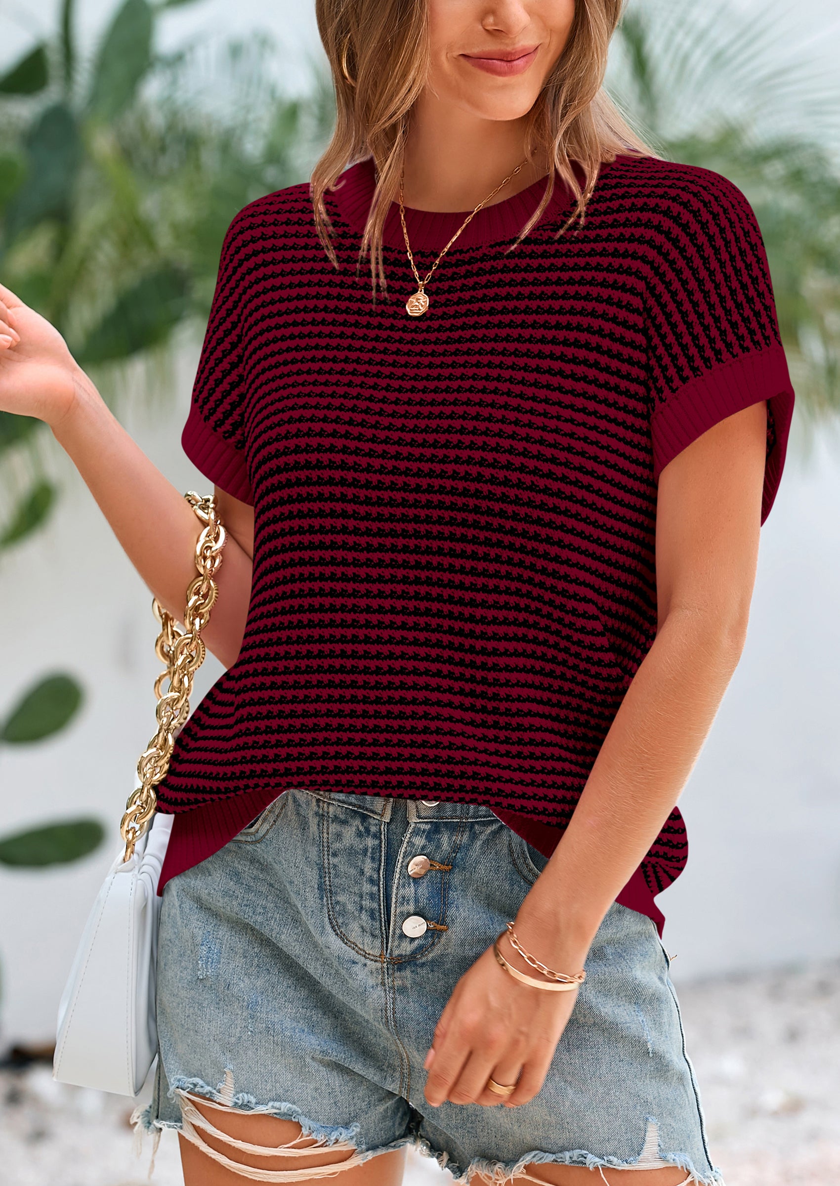 PRETTYGARDEN Womens Short Sleeve Sweater Spring Summer Round Neck Striped Pullover Cap Sleeve Knit Sweater Vest Tops