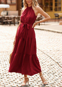 PRETTYGARDEN Women's Summer Floral Maxi Sun Dress Sleeveless Halter Neck Flowy Ruffle Hem Long Boho Dresses with Belt