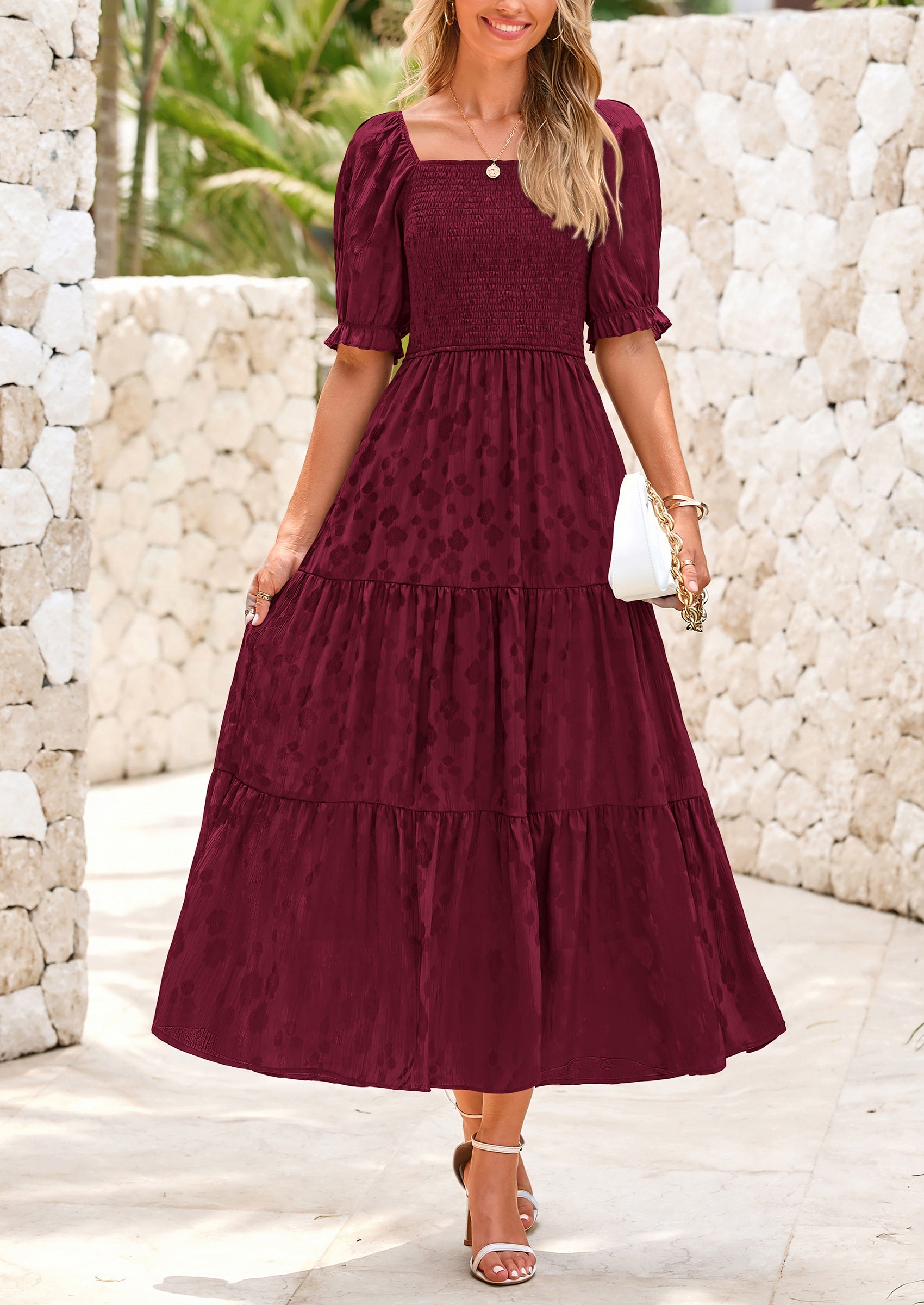 PRETTYGARDEN Women's Casual Midi Dresses Square Neck Short Sleeve Smocked A Line Floral Flowy Elegant Boho Dress