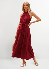 PRETTYGARDEN Women's Summer Floral Maxi Sun Dress Sleeveless Halter Neck Flowy Ruffle Hem Long Boho Dresses with Belt