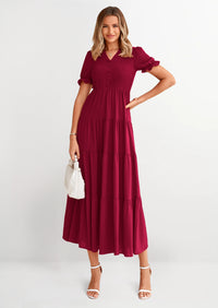 PRETTYGARDEN Women's Casual Short Sleeve V Neck Midi Dresses Spring A-line Tiered Wedding Guest Dress