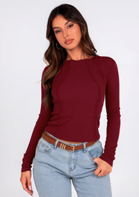 KIRUNDO Ribbed Long Sleeve Tops for Women Stretch Slim Basic Crop Tee Exposed Seams Spring Fall Fashion Trendy Tshirt