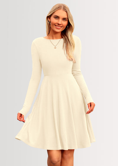 PRETTYGARDEN Women's Spring Fall Short Dress Ribbed Knit Crewneck Long Sleeve A Line Flowy Casual Elegant Going Out Dresses