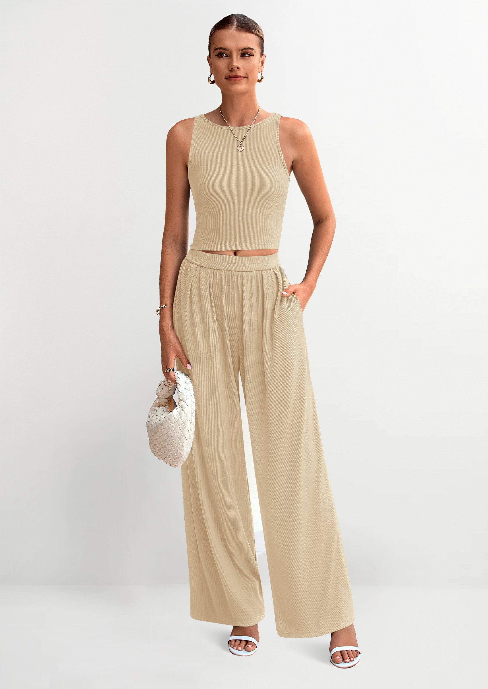 PRETTYGARDEN Two Piece Sets Ribbed Knit Crew Neck Sleeveless Tank Tops Wide Leg Pants Casual Lounge Set