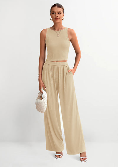 PRETTYGARDEN Two Piece Sets Ribbed Knit Crew Neck Sleeveless Tank Tops Wide Leg Pants Casual Lounge Set