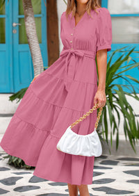 PRETTYGARDEN Women's Midi Dress Casual Short Sleeve V Neck Buttons Belted Ruffle A Line Flowy Dress with Pockets