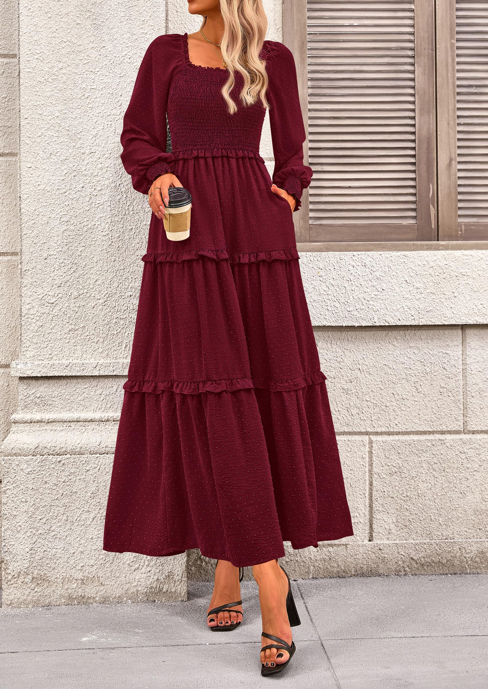 PRETTYGARDEN Women Fall Long Sleeve Smocked Maxi Dress Casual Square Neck Swiss Dot Tiered Ruffle Flowy Spring Pocket Dresses