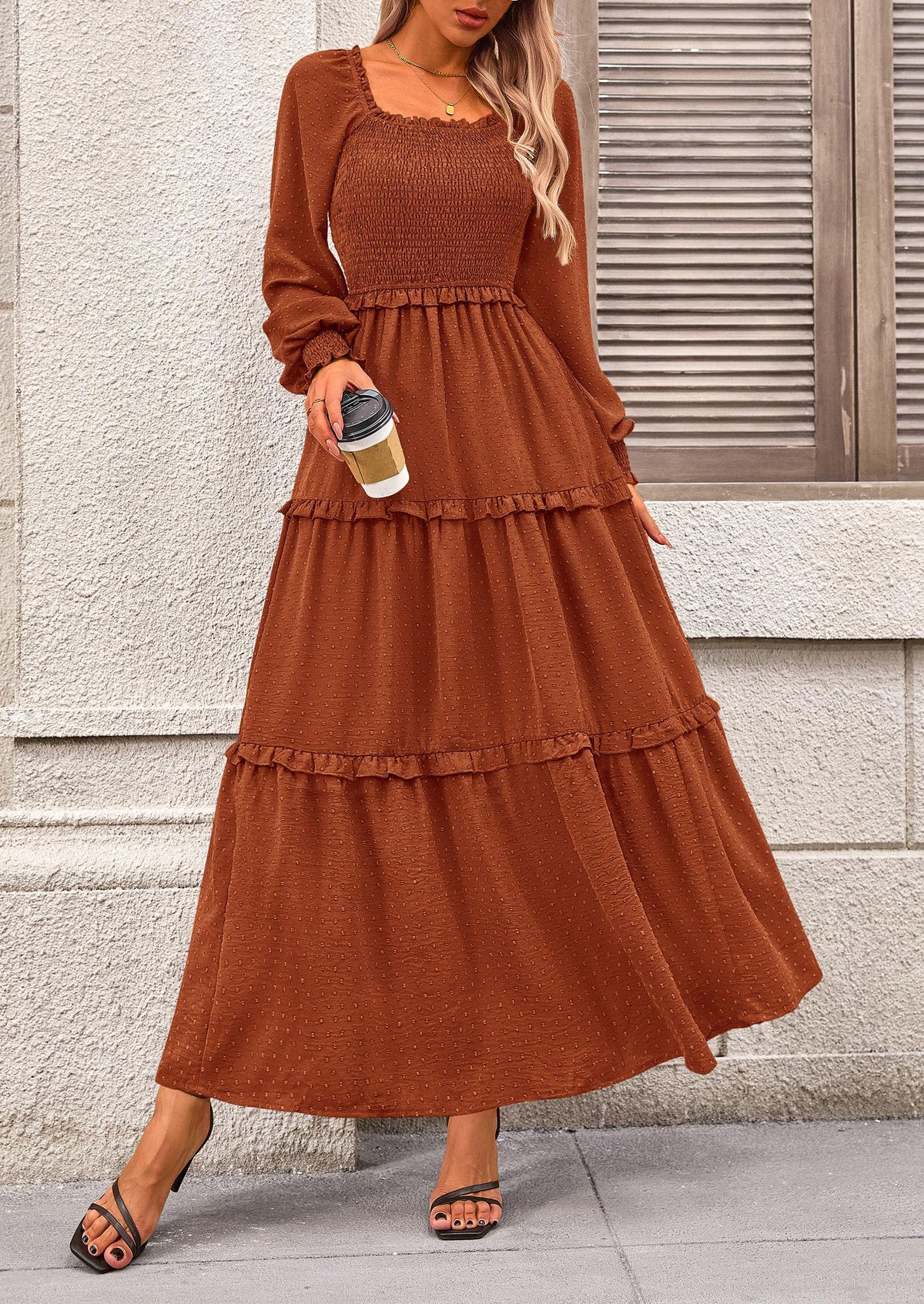 Women's Long Sleeve Smocked Maxi Dress Casual Square Neck Swiss Dot Tiered Ruffle Flowy Pocket Dresses