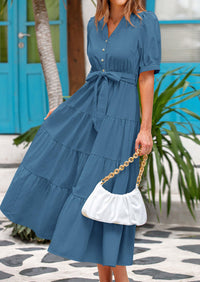 PRETTYGARDEN Women's Midi Dress Casual Short Sleeve V Neck Buttons Belted Ruffle A Line Flowy Dress with Pockets