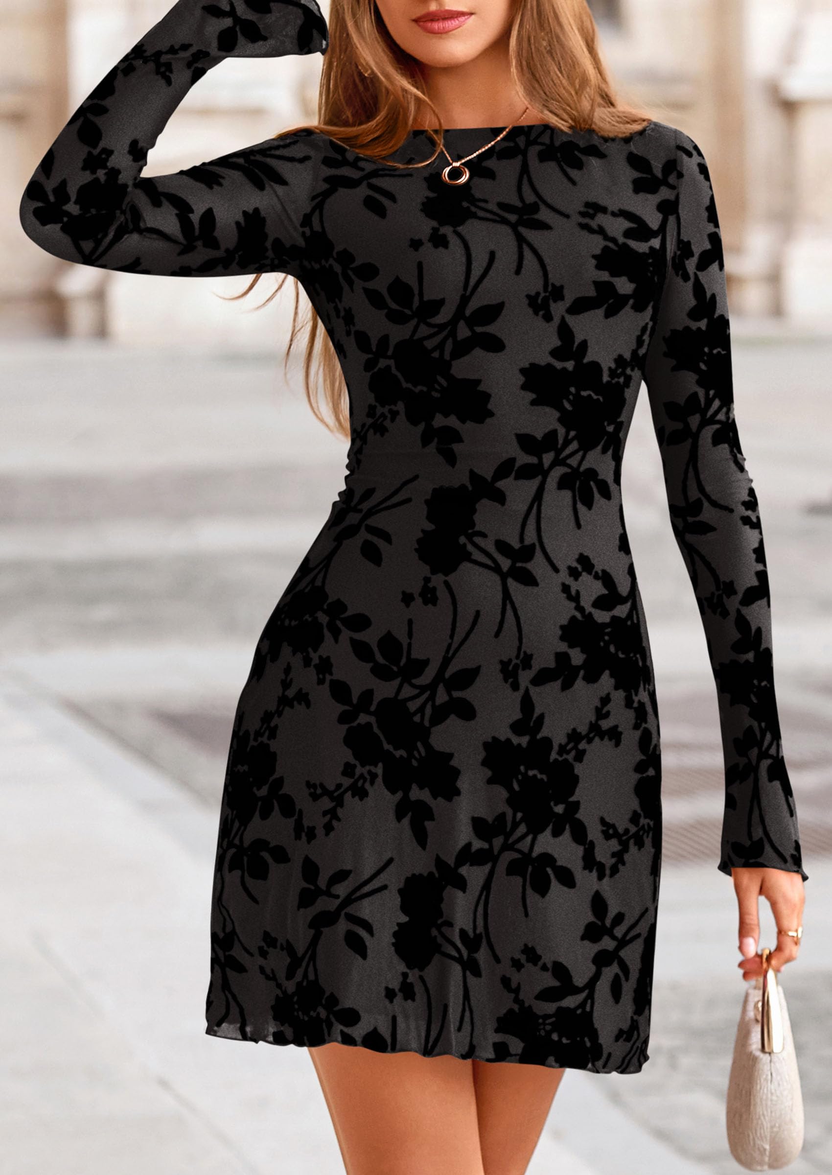 PRETTYGARDEN Women's Fall Fashion Floral Long Sleeve Mini Dress Mesh Bodycon Short Party Date Night Going Out Dresses