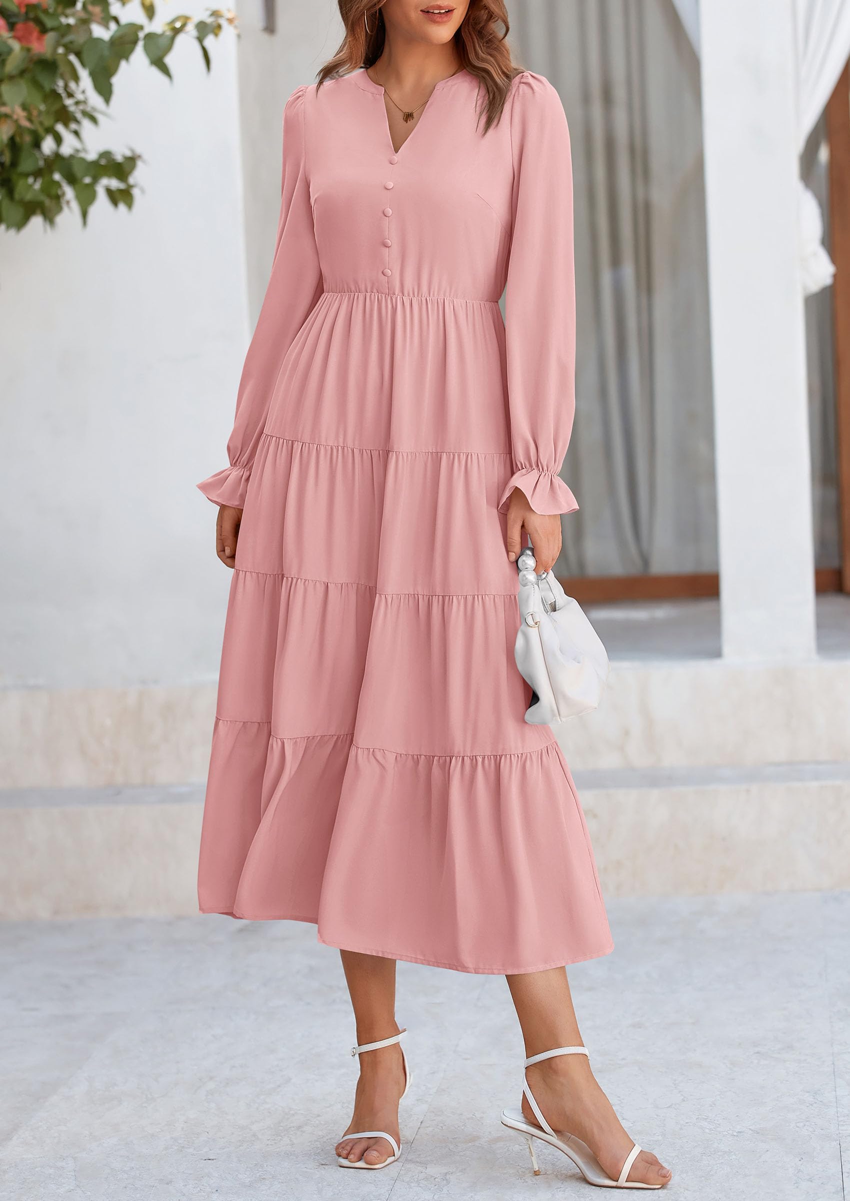 PRETTYGARDEN Women Fall Long Sleeve Smocked Maxi Dress Casual Square Neck Swiss Dot Tiered Ruffle Flowy Spring Pocket Dresses