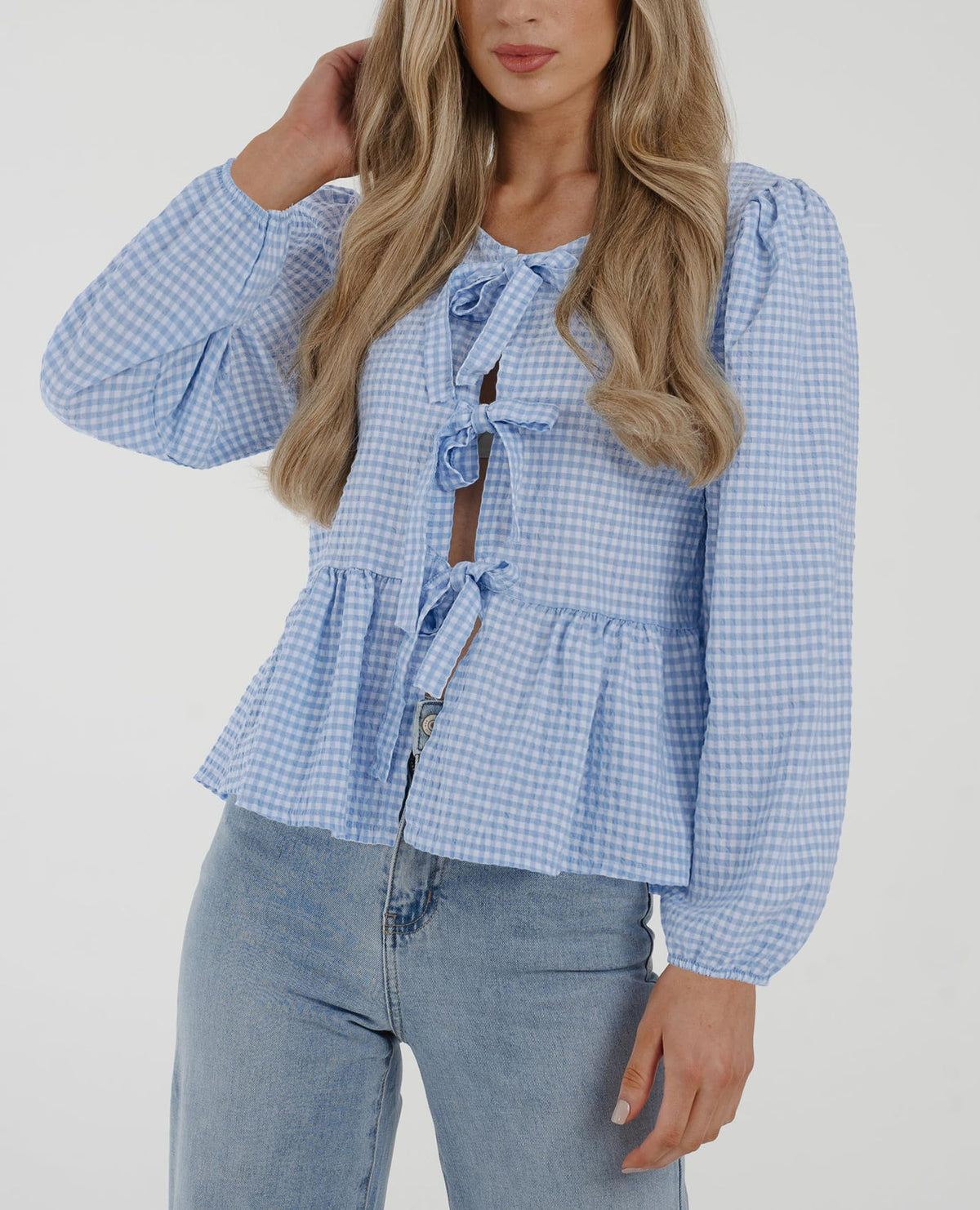 Babydoll Peplum Blouse Shirt Puff Long Sleeve Bow Tie Front Trendy Cute Y2K Going Out Tops