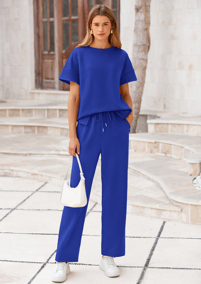 PRETTYGARDEN 2 Piece Outfits For Women Casual Tracksuit Short Sleeve Tops And Wide Leg Long Pants Matching Lounge Sets