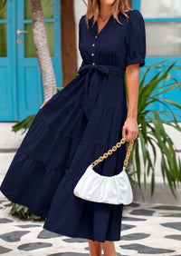 PRETTYGARDEN Women's Midi Dress Casual Short Sleeve V Neck Buttons Belted Ruffle A Line Flowy Dress with Pockets