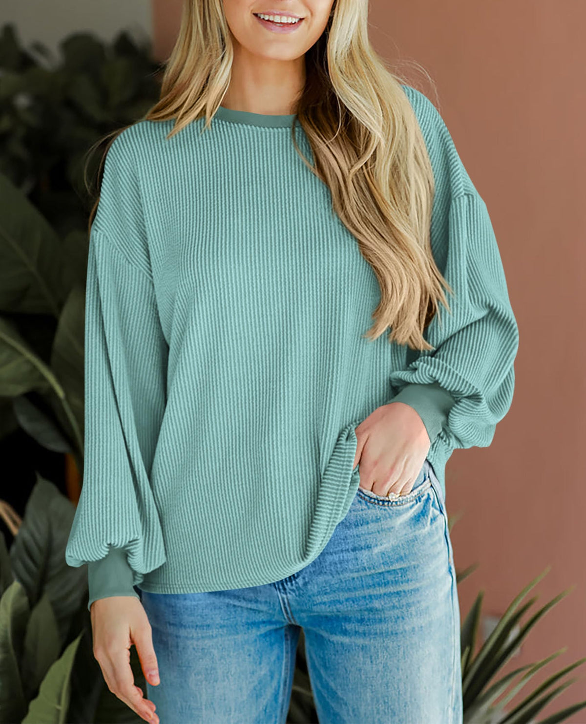 Women's Long Sleeve Tee Shirts Fall Trendy Clothes Casual Loose Crewneck Ribbed Blouse Tunic Tops